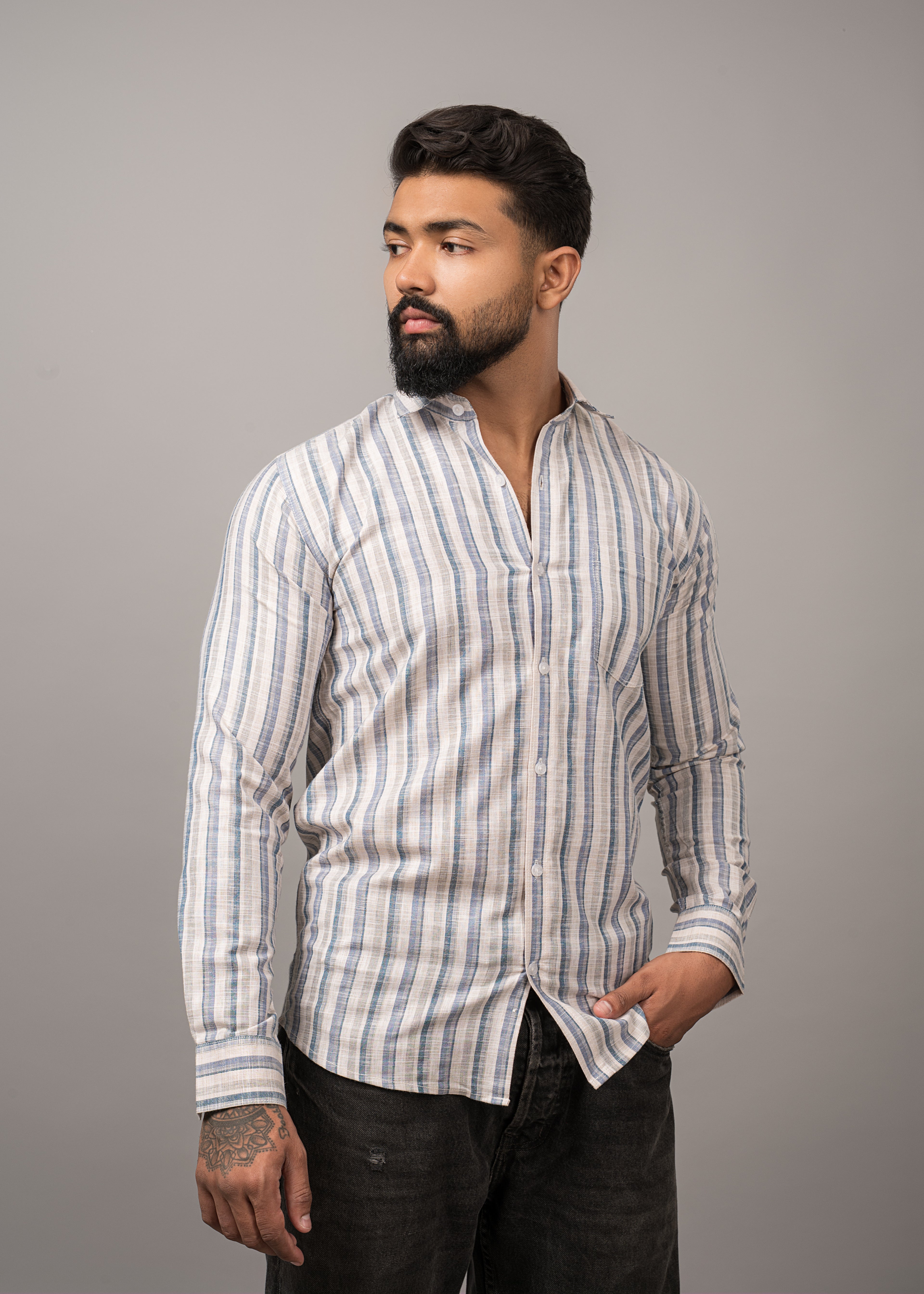 Old Town Classic Stripe Shirt - Blue ad Beige