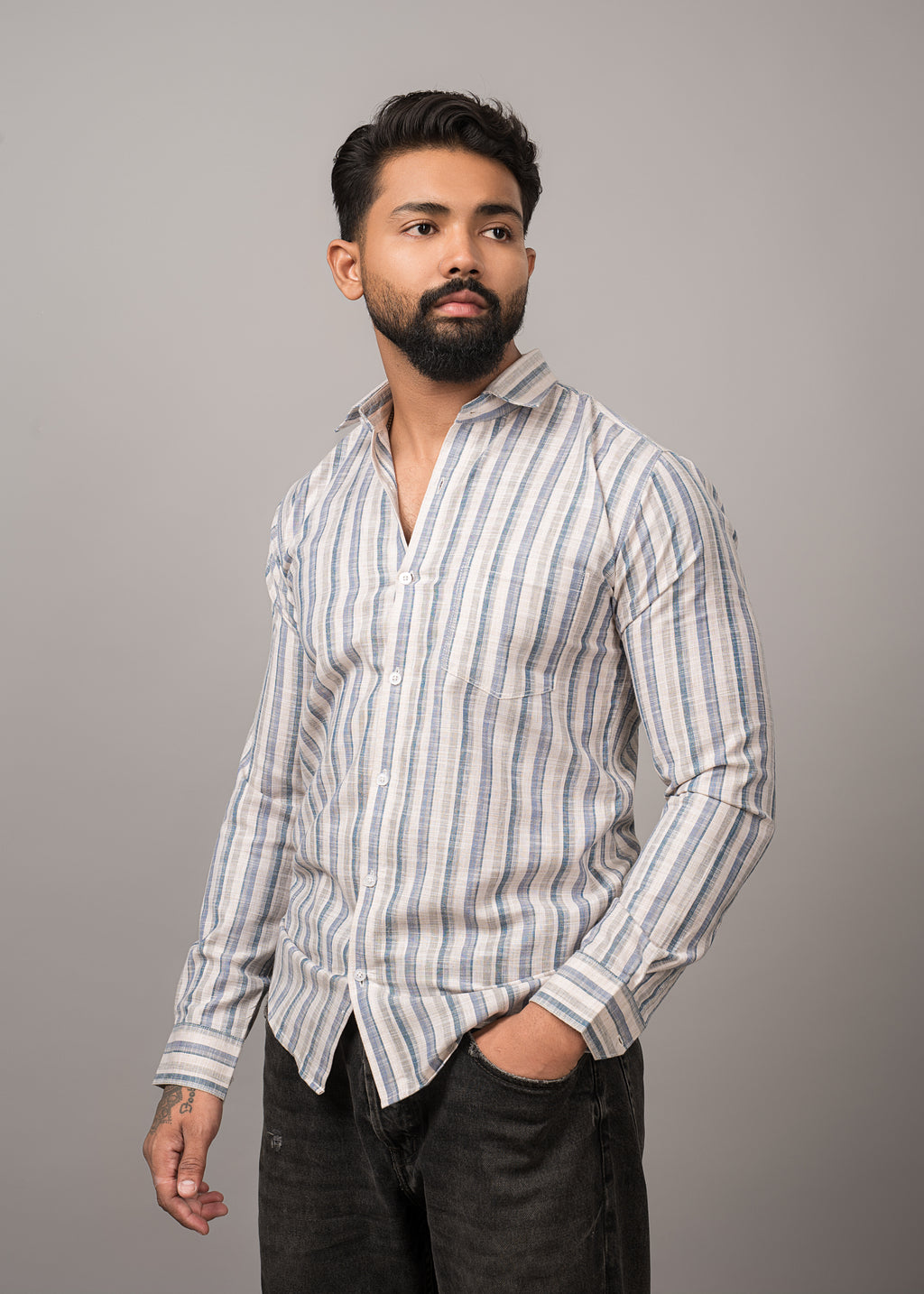 Old Town Classic Stripe Shirt - Blue ad Beige