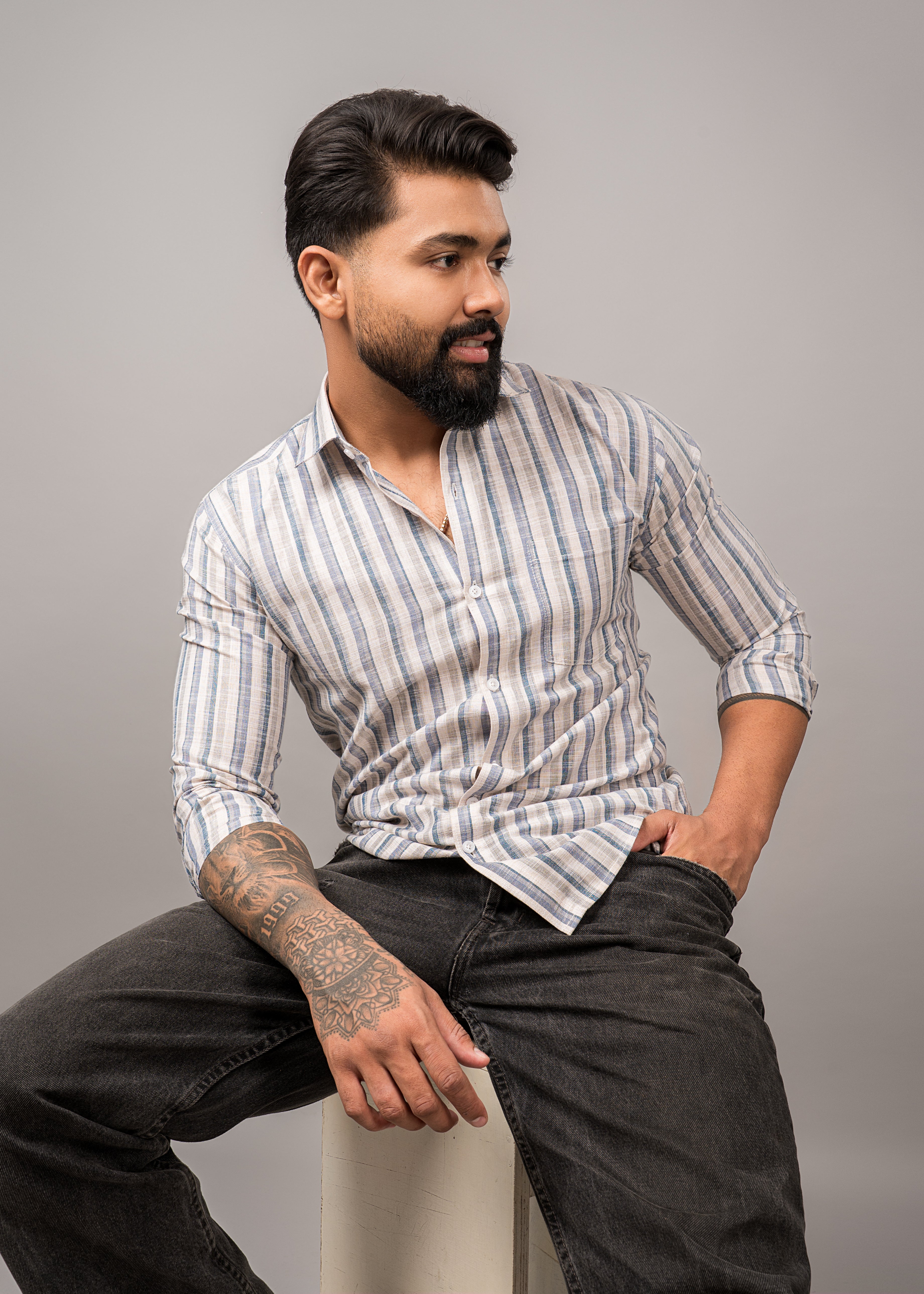 Old Town Classic Stripe Shirt - Blue ad Beige
