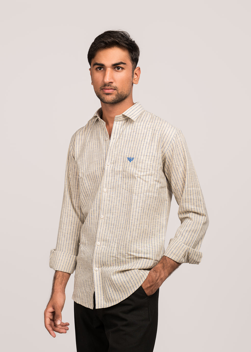 VerveLine Men’s Dual-Tone Beige with Navy Blue Striped Shirt