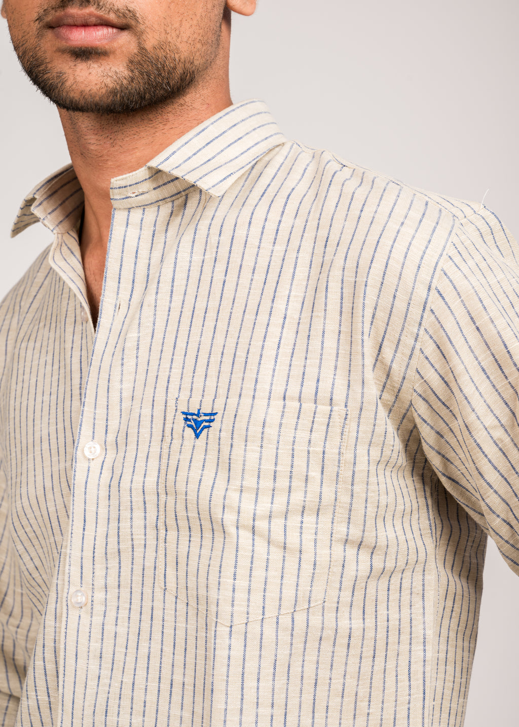 VerveLine Men’s Dual-Tone Beige with Navy Blue Striped Shirt
