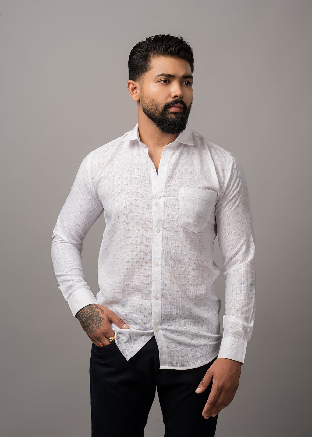 White Ivory Wave Pattern Casual Shirt