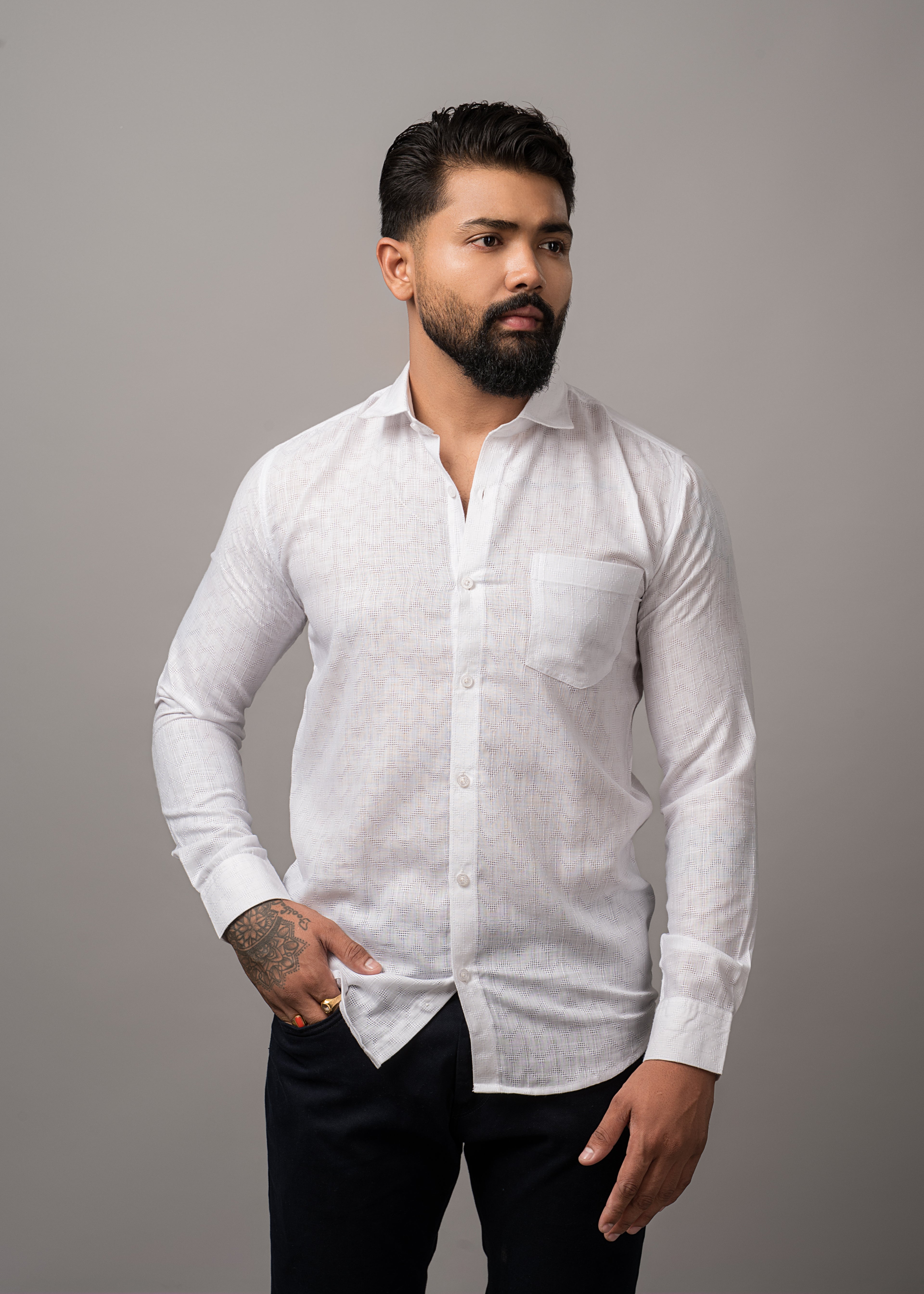 White Ivory Wave Pattern Casual Shirt