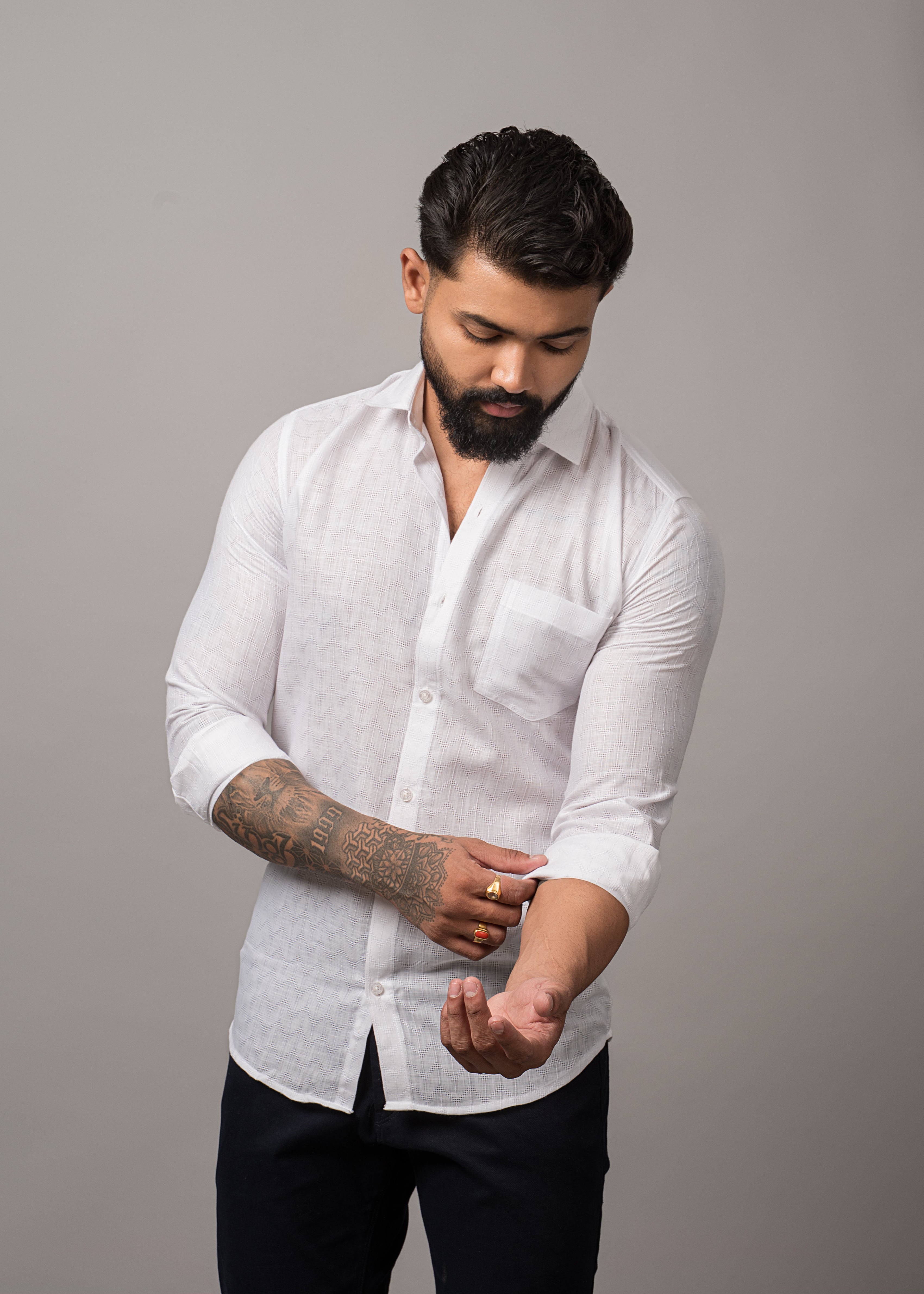 White Ivory Wave Pattern Casual Shirt